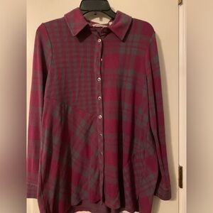 Soft Surroundings Plaid Button-Up Top - Burgundy and Gray